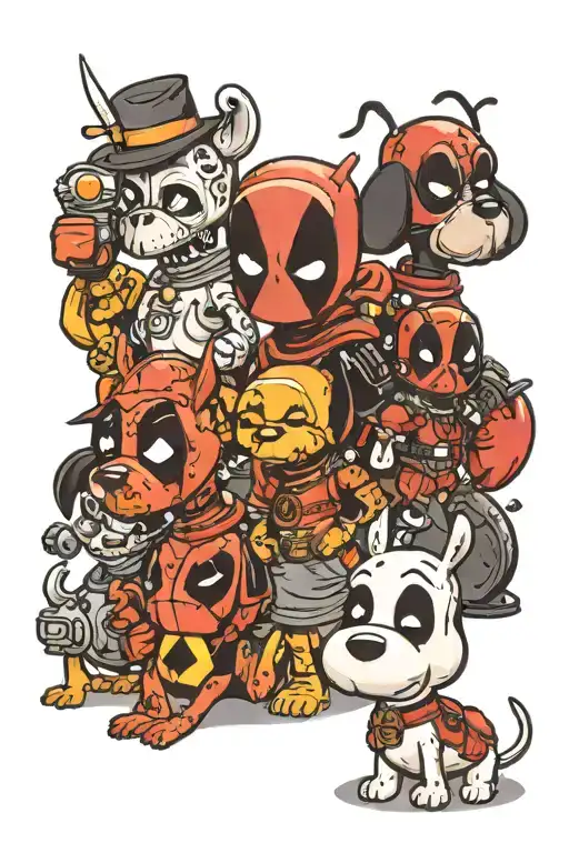 scoopy doo, snoopy, stitck, deadpool; big tattoo design idea