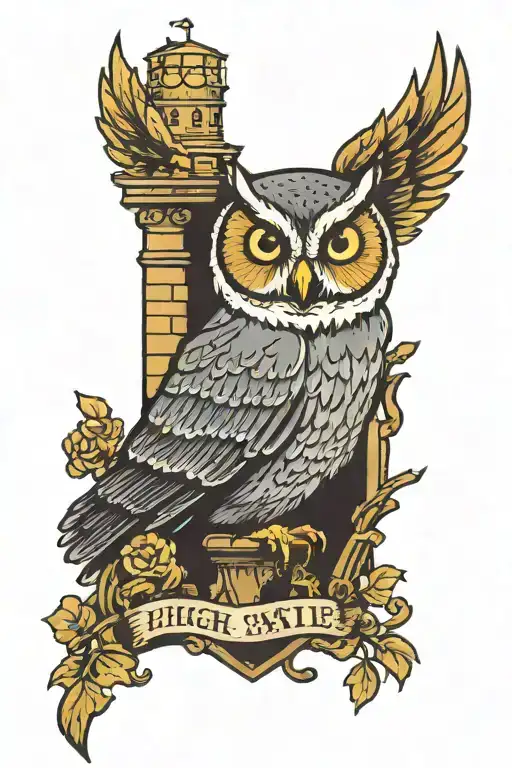 high castle tower with owl sitting alone tattoo design idea