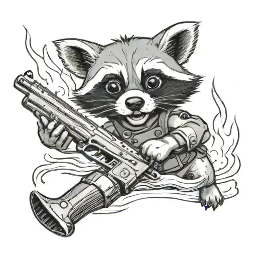 a cute female raccoon carrying a gun to come out of the water tattoo design idea