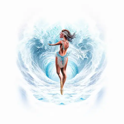 A realistic depiction of a ship captain in full dance attire, surrounded by waves inspired by Praia Seca tattoo design idea