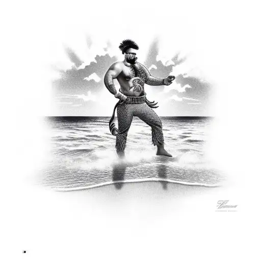 A captain standing on a beach in Praia Seca, with palm trees and the sun shining above tattoo design idea