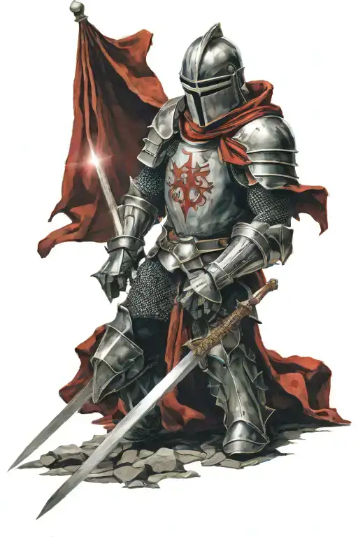 a knight kneeling down before a sword in the stonw with a flowing red cape and a beam of light illuminating the sword tattoo design idea