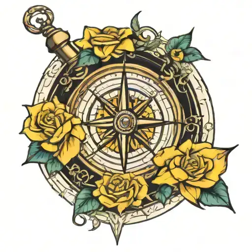 compass with yellow rose tattoo design idea