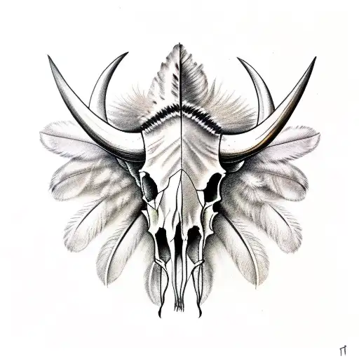 buffalo skull with feathers on horns tattoo design idea