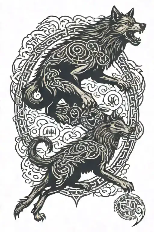 Nordic mythology odin fenrir with runes tattoo design idea