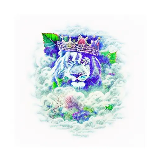 luon king scar, laying down, slight smile, looking down, hes in clouds of green and blue, blue roses outside tattoo design idea