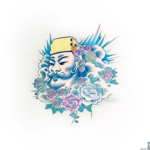 luon king scar, laying down, slight smile, looking down, hes in clouds of green and blue, blue roses outside tattoo design idea