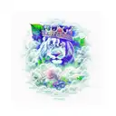 luon king scar, laying down, slight smile, looking down, hes in clouds of green and blue, blue roses outside tattoo design idea