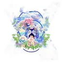luon king scar, laying down, slight smile, looking down, hes in clouds of green and blue, blue roses outside tattoo design idea