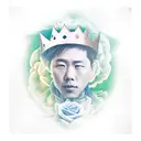 luon king scar, laying down, slight smile, looking down, hes in clouds of green and blue, blue roses outside tattoo design idea