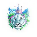 luon king scar, laying down, slight smile, looking down, hes in clouds of green and blue, blue roses outside tattoo design idea