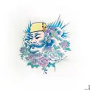 luon king scar, laying down, slight smile, looking down, hes in clouds of green and blue, blue roses outside tattoo design idea