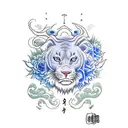 luon king scar, laying down, slight smile, looking down, hes in clouds of green and blue, blue roses outside tattoo design idea