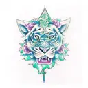 luon king scar, laying down, slight smile, looking down, hes in clouds of green and blue, blue roses outside tattoo design idea