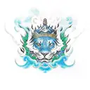 luon king scar, laying down, slight smile, looking down, hes in clouds of green and blue, blue roses outside tattoo design idea