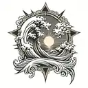 Japanese style waves splitting in half with cross emerging from it, background of sun with rays tattoo design idea