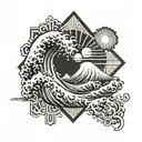 Japanese style waves splitting in half with cross emerging from it, background of sun with rays tattoo design idea