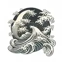 Japanese style waves splitting in half with cross emerging from it, background of sun with rays tattoo design idea