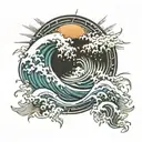 Japanese style waves splitting in half with cross emerging from it, background of sun with rays tattoo design idea