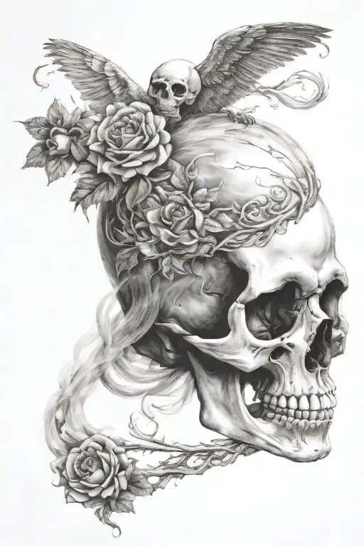 "memento mori memento vivere" with a half skull and the side of it covered with smoke  tattoo design idea