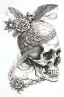 "memento mori memento vivere" with a half skull and the side of it covered with smoke  tattoo design idea
