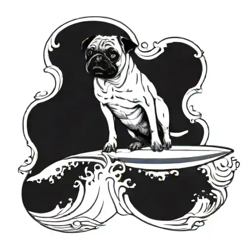 A pug riding a surfboard on a wave tattoo design idea