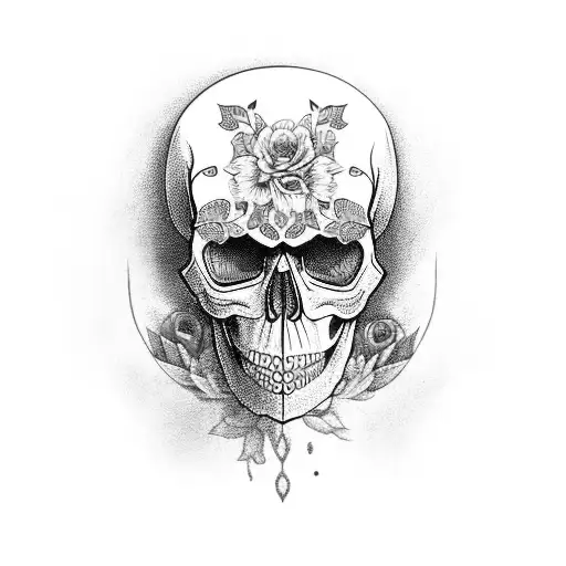 Skull with vibrant floral patterns and holographic elements on the back tattoo design idea
