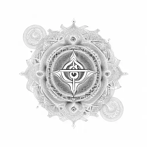 a hindu symbol which signifies death and rebirth surrounded by hindu mantras from four sides of it  tattoo design idea