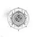 a hindu symbol which signifies death and rebirth surrounded by hindu mantras from four sides of it  tattoo design idea