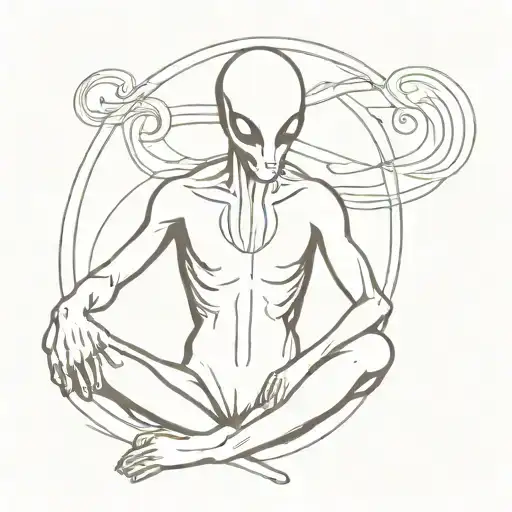 alien meditating figure surrounded tattoo design idea