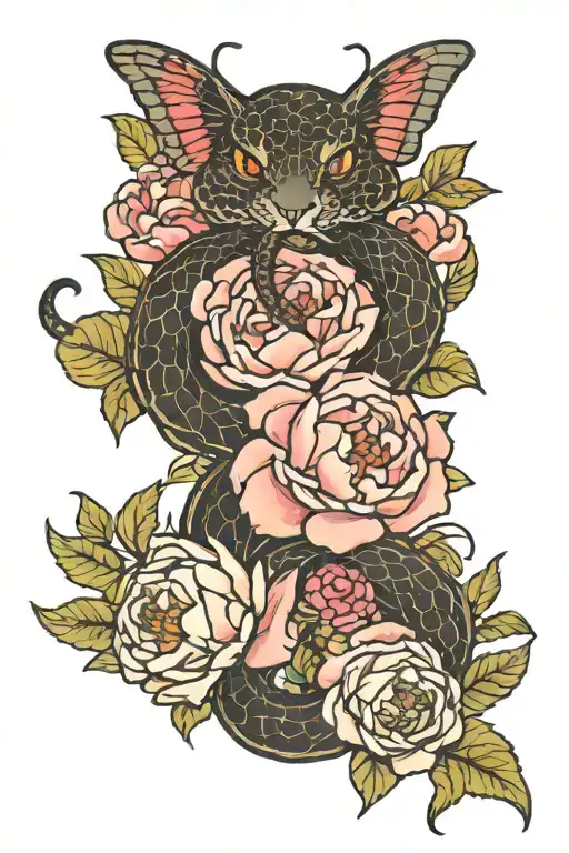 snake with butterflies and peonies tattoo design idea
