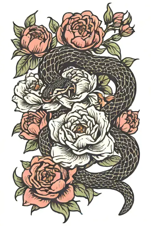 snake with peonies tattoo design idea