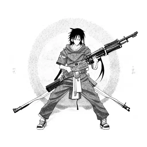 Anime itachi with an ak 47 assault rifle with the flag of Russia tattoo design idea