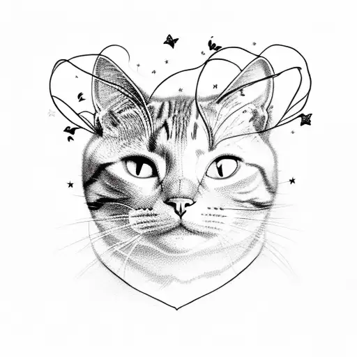 cat and human with red string with butterflies and stars with C and H and 2021 tattoo design idea
