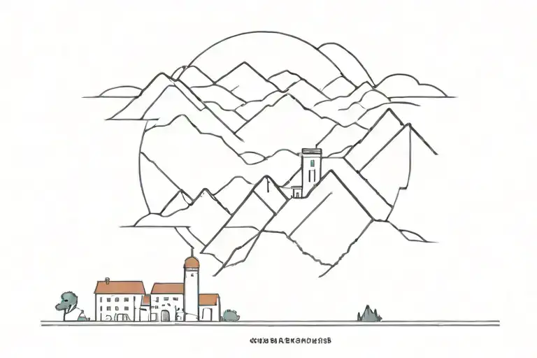 A minimalist tattoo featuring a silhouette of mountains and the iconic Père-Couriot mine, symbolizing Saint-Etienne tattoo design idea