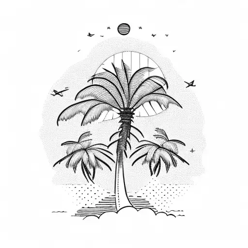 A majestic white paloma flying through a palm tree-filled landscape with a vibrant sun in the background tattoo design idea