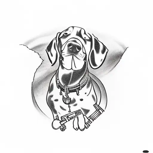 A realistic portrait of a dog playing a musical instrument in front of a mountain range tattoo design idea