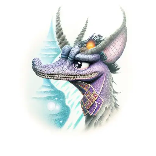 A realistic portrait of Figment (from Disney) sitting on a mountain peak with stars shining above tattoo design idea