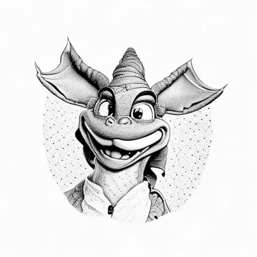 A realistic portrait of Figment (from Disney) sitting on a mountain peak with stars shining above tattoo design idea