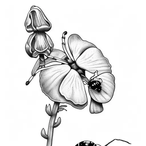 Sweet pea and larkspur flowers intertwined with a tiny ladybug on them tattoo design idea