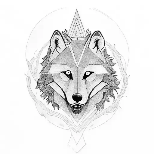 woolf with black sun and forest tattoo design idea