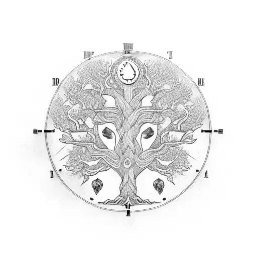 tattoo design of a tree of life on top of a clock with banners hanging tattoo design idea