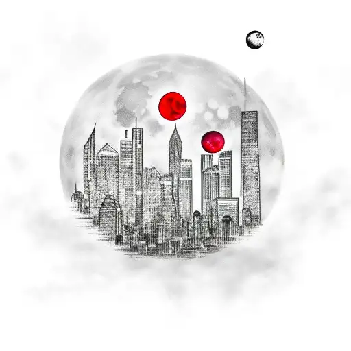 City skyline with a red moon  tattoo design idea