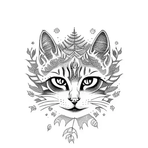 A whimsical fantasy scene featuring a girl riding a majestic cat through a mystical forest tattoo design idea