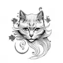 A whimsical fantasy scene featuring a girl riding a majestic cat through a mystical forest tattoo design idea