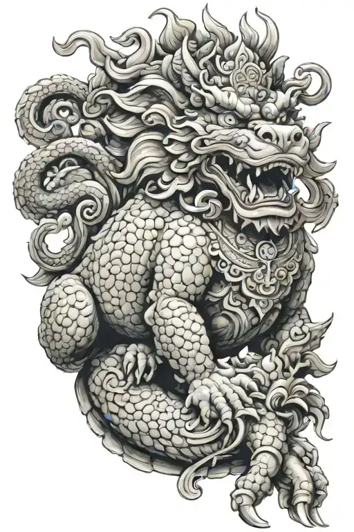 Design of a Foo Dog ridden by garuda both on the back of a big turtle tattoo design idea