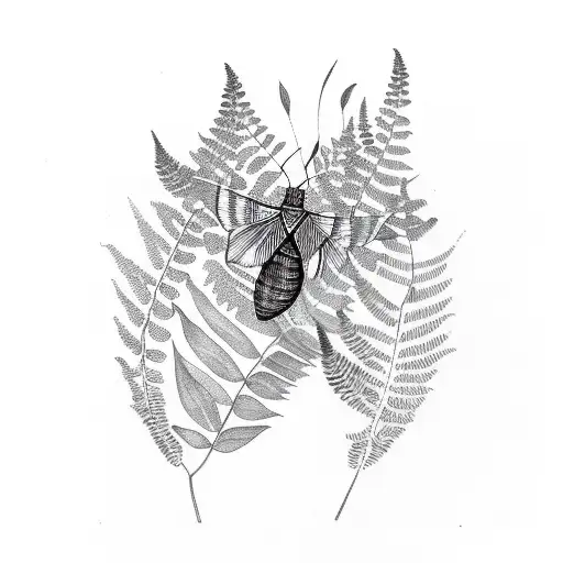 moth surrounded by leafs and fern tattoo design idea