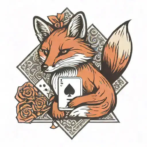 Small minimal fox sitting on a square background, accented by calligraphy brush strokes, with 4 large Aces playing cards tattoo design idea