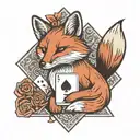 Small minimal fox sitting on a square background, accented by calligraphy brush strokes, with 4 large Aces playing cards tattoo design idea