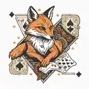 Small minimal fox sitting on a square background, accented by calligraphy brush strokes, with 4 large Aces playing cards tattoo design idea